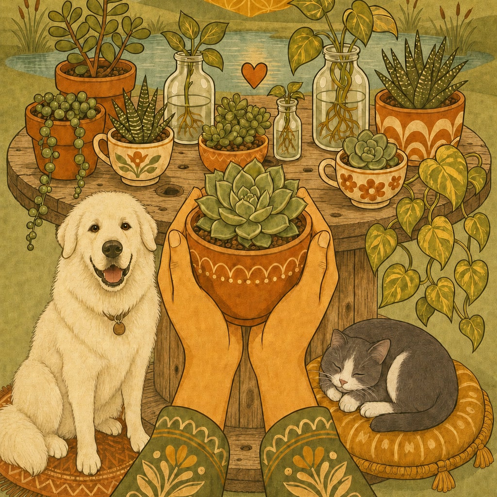Illustration: hands holding a small succulent at a wooden spool table of propagations beside a pond, with a white Great Pyrenees and a sleeping cat
