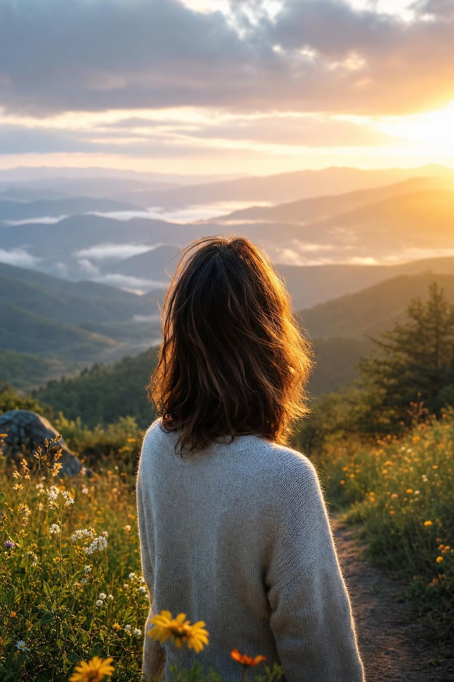 A woman seen from behind at sunrise, looking out over a beautiful valley